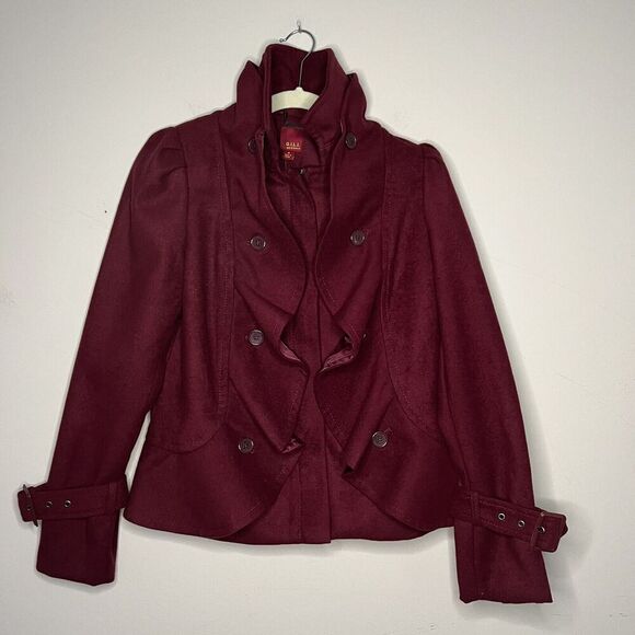 G.I.L.I. got it love it Womens Ruffled Front Jacket Maroon Poly Blend Coat Sz 6 - Picture 9 of 10
